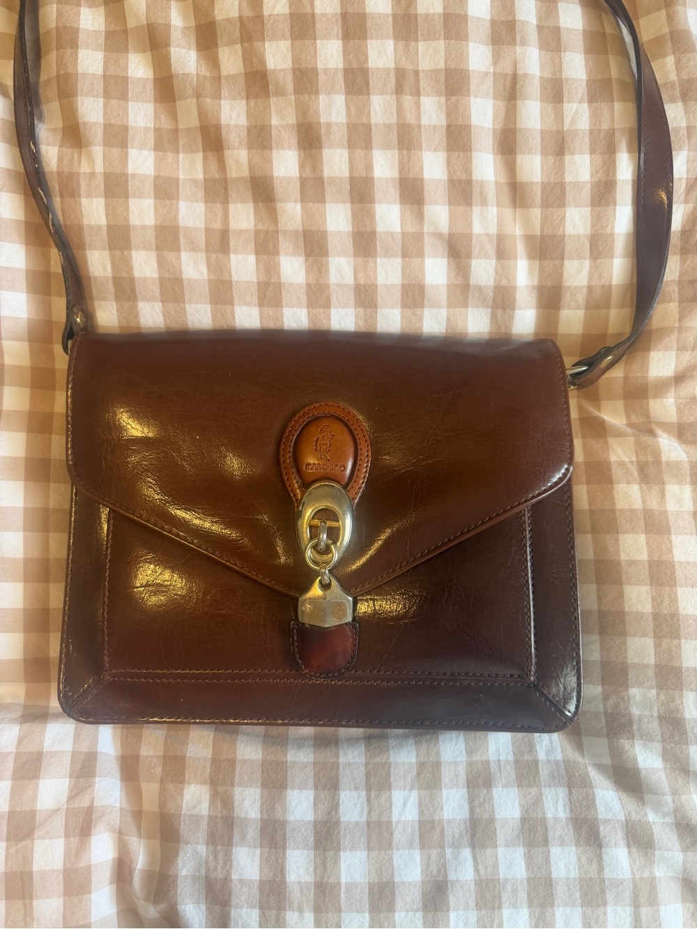 Vintage Marchino Via Moda Classic Brown Leather Satchel with Polished Clasp